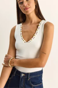 Bianco Lucci Women's Beaded Accessory V-Neck Stretchy Blouse ÖB261023 - Image 6