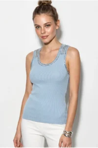 Bianco Lucci Women's Stone Embroidered Crew Neck Thick Strap Corded Blouse ÖA261006 - Image 2