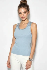 Bianco Lucci Women's Stone Embroidered Crew Neck Thick Strap Corded Blouse ÖA261006 - Image 3