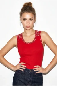 Bianco Lucci Women's Stone Embroidered Crew Neck Thick Strap Corded Blouse ÖA261006