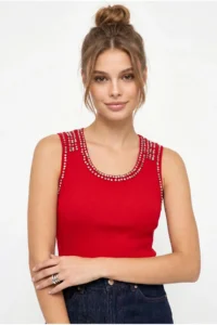 Bianco Lucci Women's Stone Embroidered Crew Neck Thick Strap Corded Blouse ÖA261006 - Image 3
