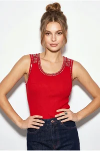 Bianco Lucci Women's Stone Embroidered Crew Neck Thick Strap Corded Blouse ÖA261006 - Image 4