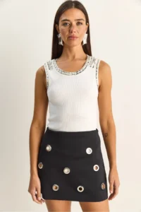 Bianco Lucci Women's Stone Embroidered Crew Neck Thick Strap Corded Blouse ÖA261006 - Image 2