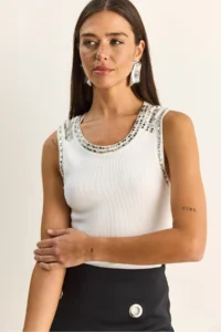 Bianco Lucci Women's Stone Embroidered Crew Neck Thick Strap Corded Blouse ÖA261006 - Image 5