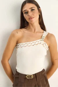 Bianco Lucci Women's One Shoulder Knitted Detailed Stretchy Knitwear Blouse 2695