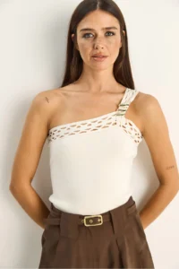 Bianco Lucci Women's One Shoulder Knitted Detailed Stretchy Knitwear Blouse 2695 - Image 2