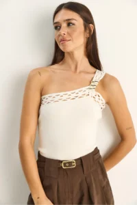 Bianco Lucci Women's One Shoulder Knitted Detailed Stretchy Knitwear Blouse 2695 - Image 3