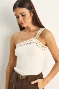 Bianco Lucci Women's One Shoulder Knitted Detailed Stretchy Knitwear Blouse 2695 - Image 4