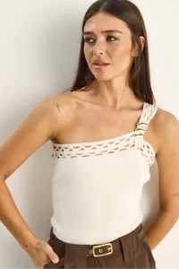 Bianco Lucci Women's One Shoulder Knitted Detailed Stretchy Knitwear Blouse 2695 - Image 5