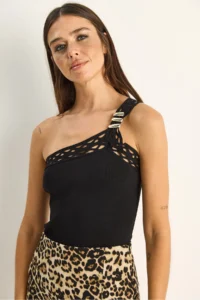 Bianco Lucci Women's One Shoulder Knitted Detailed Stretchy Knitwear Blouse 2695 - Image 3