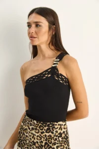 Bianco Lucci Women's One Shoulder Knitted Detailed Stretchy Knitwear Blouse 2695 - Image 4