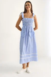 Bianco Lucci Women's Striped Gimped Chest Detail Tied Strap Heart Pocket Detailed Midi Dress 35510