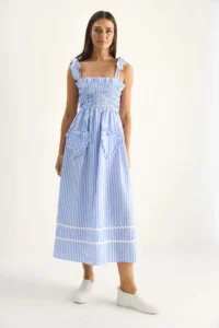 Bianco Lucci Women's Striped Gimped Chest Detail Tied Strap Heart Pocket Detailed Midi Dress 35510 - Image 2