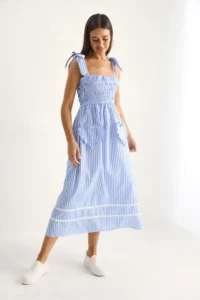 Bianco Lucci Women's Striped Gimped Chest Detail Tied Strap Heart Pocket Detailed Midi Dress 35510 - Image 3