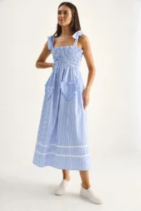 Bianco Lucci Women's Striped Gimped Chest Detail Tied Strap Heart Pocket Detailed Midi Dress 35510 - Image 4
