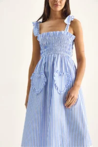 Bianco Lucci Women's Striped Gimped Chest Detail Tied Strap Heart Pocket Detailed Midi Dress 35510 - Image 5