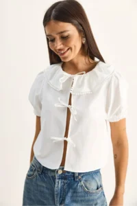 Bianco Lucci Women's Baby Collar Tie Detailed Balloon Sleeve Blouse 20124