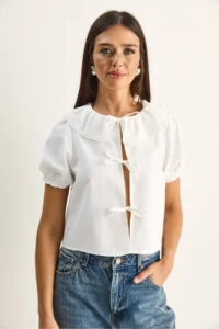 Bianco Lucci Women's Baby Collar Tie Detailed Balloon Sleeve Blouse 20124 - Image 2