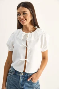 Bianco Lucci Women's Baby Collar Tie Detailed Balloon Sleeve Blouse 20124 - Image 3