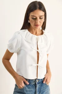 Bianco Lucci Women's Baby Collar Tie Detailed Balloon Sleeve Blouse 20124 - Image 4