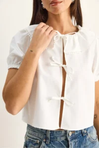 Bianco Lucci Women's Baby Collar Tie Detailed Balloon Sleeve Blouse 20124 - Image 5