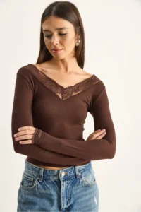 Bianco Lucci Women's V-Neck Lace Detailed Long Sleeve Combed Cotton Blouse 0428 - Image 3