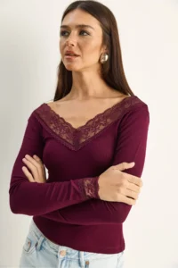 Bianco Lucci Women's V-Neck Lace Detailed Long Sleeve Combed Cotton Blouse 0428 - Image 4