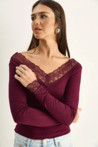 Bianco Lucci Women's V-Neck Lace Detailed Long Sleeve Combed Cotton Blouse 0428 - Image 5