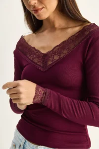 Bianco Lucci Women's V-Neck Lace Detailed Long Sleeve Combed Cotton Blouse 0428 - Image 6
