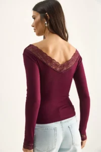 Bianco Lucci Women's V-Neck Lace Detailed Long Sleeve Combed Cotton Blouse 0428 - Image 7