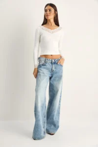 Bianco Lucci Women's V-Neck Lace Detailed Long Sleeve Combed Cotton Blouse 0428 - Image 6