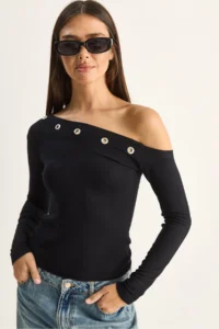 Bianco Lucci Women's Metal Ring Detailed Boat Neck Combed Cotton Blouse 0464