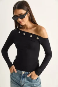 Bianco Lucci Women's Metal Ring Detailed Boat Neck Combed Cotton Blouse 0464 - Image 2