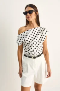 Bianco Lucci Women's Boat Neck Draped Polka Dot Double Blouse 71779 - Image 2