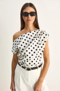 Bianco Lucci Women's Boat Neck Draped Polka Dot Double Blouse 71779 - Image 3