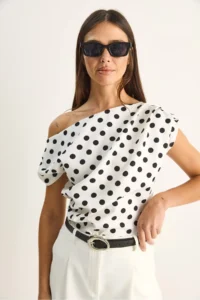 Bianco Lucci Women's Boat Neck Draped Polka Dot Double Blouse 71779 - Image 4