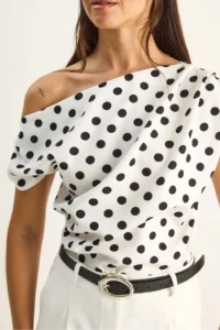 Bianco Lucci Women's Boat Neck Draped Polka Dot Double Blouse 71779 - Image 5