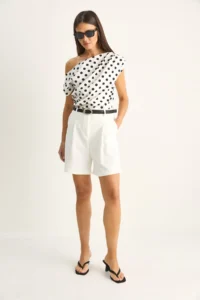 Bianco Lucci Women's Boat Neck Draped Polka Dot Double Blouse 71779 - Image 7