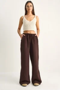 Bianco Lucci Women's Lace-up Elastic Waist Muslin Wide Leg Trousers YP5502