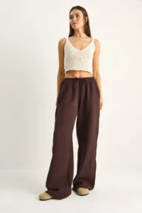 Bianco Lucci Women's Lace-up Elastic Waist Muslin Wide Leg Trousers YP5502 - Image 2