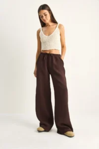 Bianco Lucci Women's Lace-up Elastic Waist Muslin Wide Leg Trousers YP5502 - Image 3