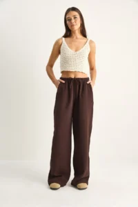 Bianco Lucci Women's Lace-up Elastic Waist Muslin Wide Leg Trousers YP5502 - Image 4