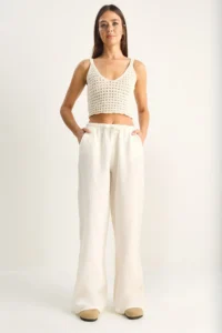 Bianco Lucci Women's Lace-up Elastic Waist Muslin Wide Leg Trousers YP5502