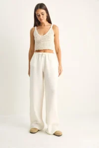 Bianco Lucci Women's Lace-up Elastic Waist Muslin Wide Leg Trousers YP5502 - Image 3
