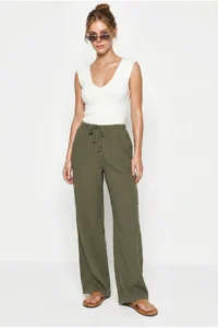 Bianco Lucci Women's Lace-up Elastic Waist Muslin Wide Leg Trousers YP5502