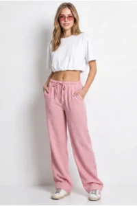 Bianco Lucci Women's Lace-up Elastic Waist Muslin Wide Leg Trousers YP5502 - Image 4