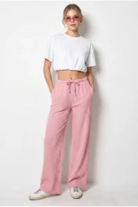 Bianco Lucci Women's Lace-up Elastic Waist Muslin Wide Leg Trousers YP5502 - Image 5