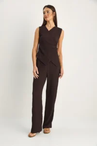 Bianco Lucci Women's Double Breasted Collar Draped Accessory Detailed Blouse Elastic Waist Trousers Wrap Suit 2334 - Image 3