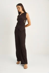 Bianco Lucci Women's Double Breasted Collar Draped Accessory Detailed Blouse Elastic Waist Trousers Wrap Suit 2334 - Image 4