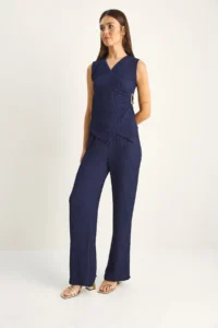 Bianco Lucci Women's Double Breasted Collar Draped Accessory Detailed Blouse Elastic Waist Trousers Wrap Suit 2334 - Image 3